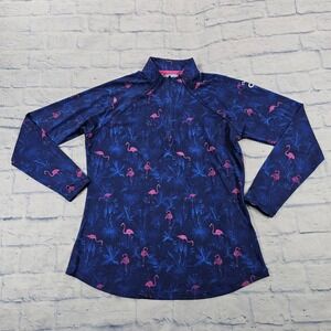 Scales Performance Top WOMENS L Navy Flamingo Tropical Quarter Zip Thumbholes
